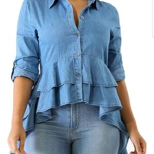 Plus size Button down high low denim shirt
